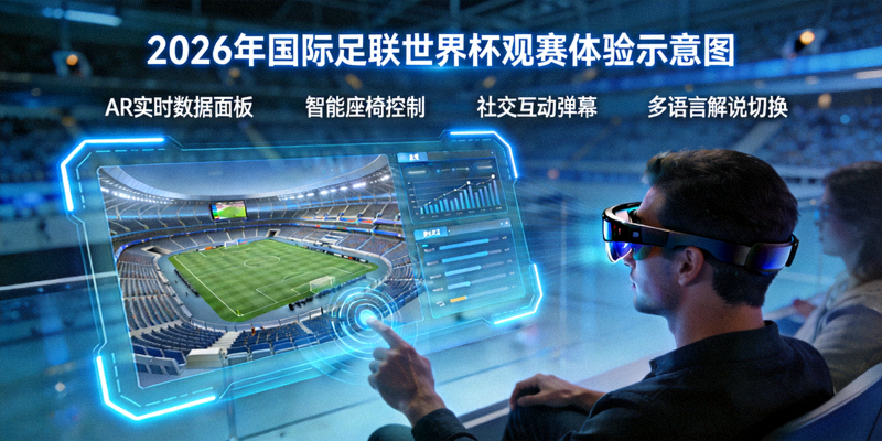 2026年国际足联世界杯观赛体验示意图 - 现代科技观赛场景与互动界面